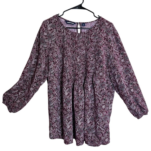 LANDS’ END Burgundy Floral Pleated Tunic Top Womens Boho Peasant Lagenlook Sz 1X - Picture 1 of 12